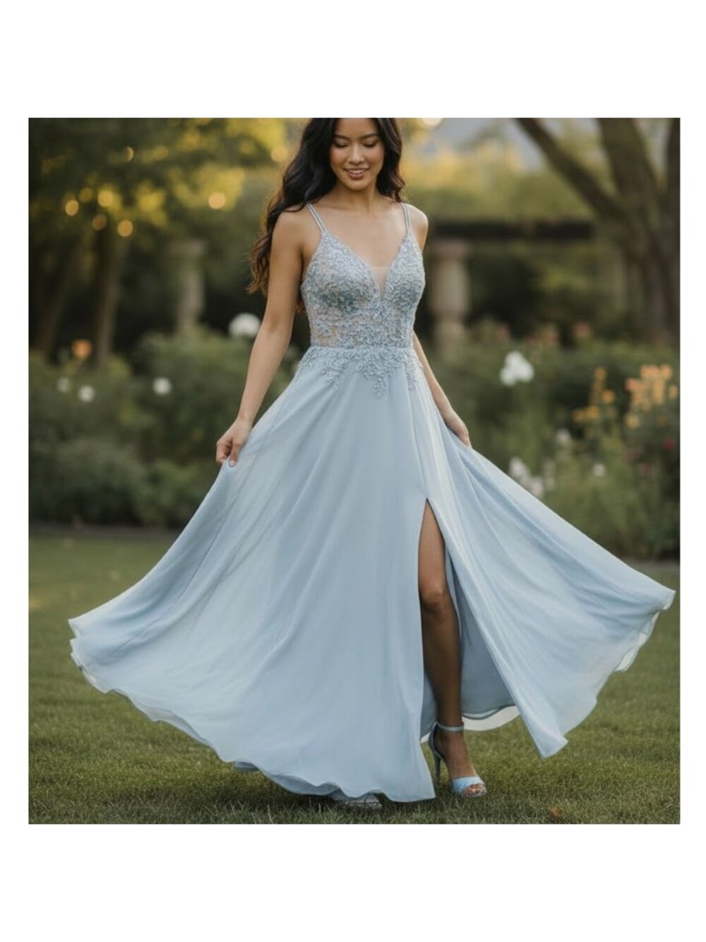 Xscape NWT $298 SZ 14 Blue Beaded Formal Gown Maxi Dress Prom *FLAW Broken Strap
